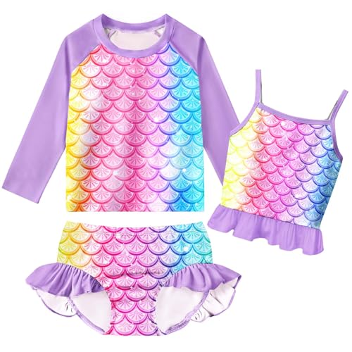 Image of Girls Kids Rash Guard Sets 3 Pieces Tankini Bathing Suit Swimwear Long Sleeves Swimsuit for 3-8 Years