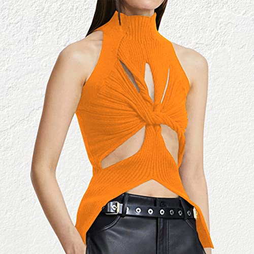 Image of Women Strapless Crop Top Sexy Hollow Out Twist Front Knitted Tank Tops Sleeveless Y2K High Neck Cut Out Sweater Vest