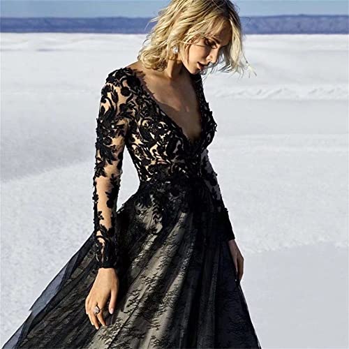 Trhtx Women's Lace Black Wedding Dresses For Bride 2022 Gothic V Neck Bridal Gowns Long Sleeve Wedding Gowns With Train Size 16 #TOP2