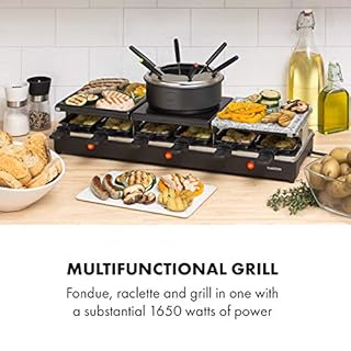 KLARSTEIN Fonduelette XL - Gril raclette et fondue 3 en 1, 1650 W, gril 3 en 1: plaque métal/pierre naturelle/crêpes, éléments chauffants en inox, jusqu'à 12 pers., revêtement antiadhésif - noir