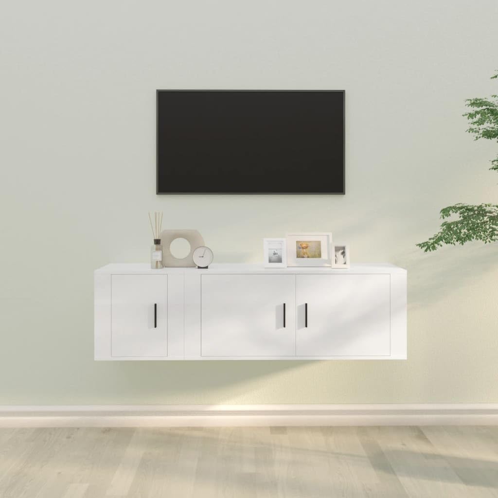 2-TLG. TV-Schrank-Set Weiß, Holzwerkstoff, Wandmontage, Modernes Media Center für Wohnzimmer, Robuste TV-Konsole mit Türen, Viel Stauraum