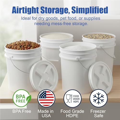 Image of ePackageSupply 5 Gallon Bucket - Food Grade Bucket BPA-Free, 3 Pack, White | Metal Handle Grip, Heavy-Duty 90 Mil HDPE Plastic Pail, Food Safe Stackable Utility Container, Lid Not Included, Made in USA