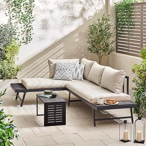 Furniturebox UK Outdoor Garden Furniture - Riviera Grey 2 Person Modular Chaise Garden Sofa Sun Lounger + Tables - Double Sun Lounger Or 2 Garden Sofas - Grey Metal + Polywood End and Coffee Tables Cover