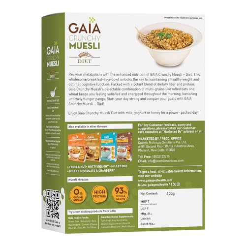 Image of Gaia Crunchy Diet Muesli 400g Box - Low-Calorie, Protein Rich, High-Fiber Muesli Cereal Serves as a Healthy and Nutritious Breakfast Option with Zero Added Sugar.