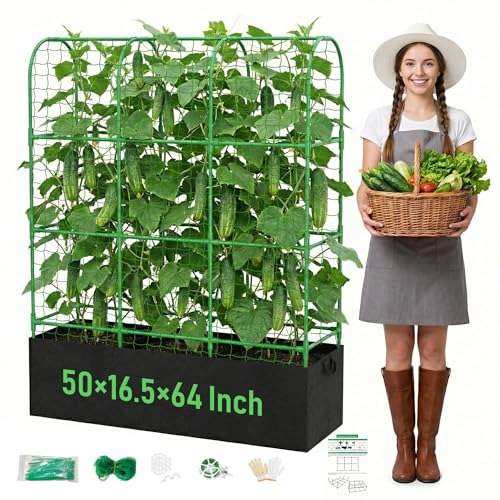 MQHUAYU 4 Arches Cucumber Trellis with Grow Bag 127×163CM Metal Trellis for Climbing Plants Heavy Duty Garden Arch Height Adjustable Plant Grow Support for Peas Vegetables Flowers Fruit