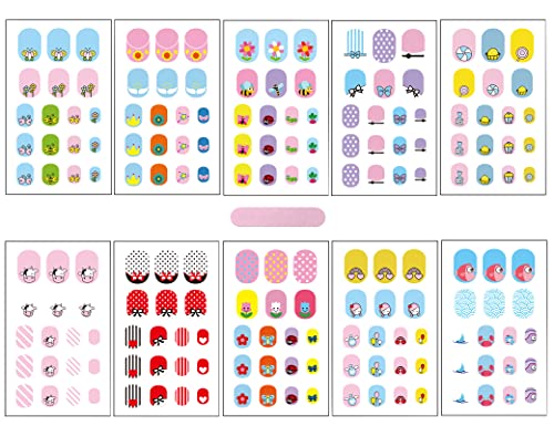 Kids Nail Stickers Full Nail Wraps Self Adhesive Nail Polish Strips for Kids Girls Nail Art Decoration Fun Including Flowers Butterflies Cows Recommend for Age 8 and Older (Pack of 10)