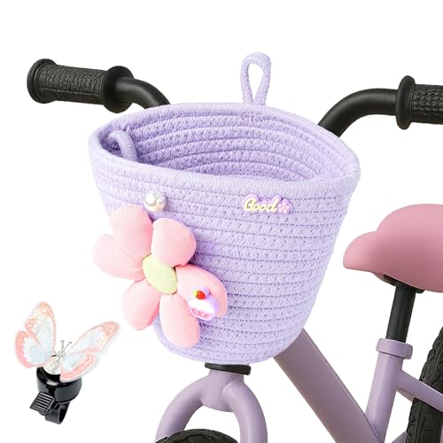 Kids Bike Basket, Bicycle Baskets for Girls, Toddler Bike Basket with Bike Bell, Bike Accessories Set, Bike Handlebar Bag Woven with Sisal Rope, Cute Basket for Kids Bikes Scooters