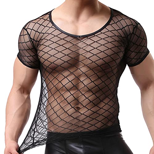 Sexy Männer Schiere Kurzarm T-Shirt Unterwäsche Sexy Herren Dünn Dessous Stretch Hemd Tops Clubwear Mesh-Shirt Transparent Unterhemden Top Oberteil Unterwäsche Muskel Fit Unterhemd  (Schwarz,M) Cover