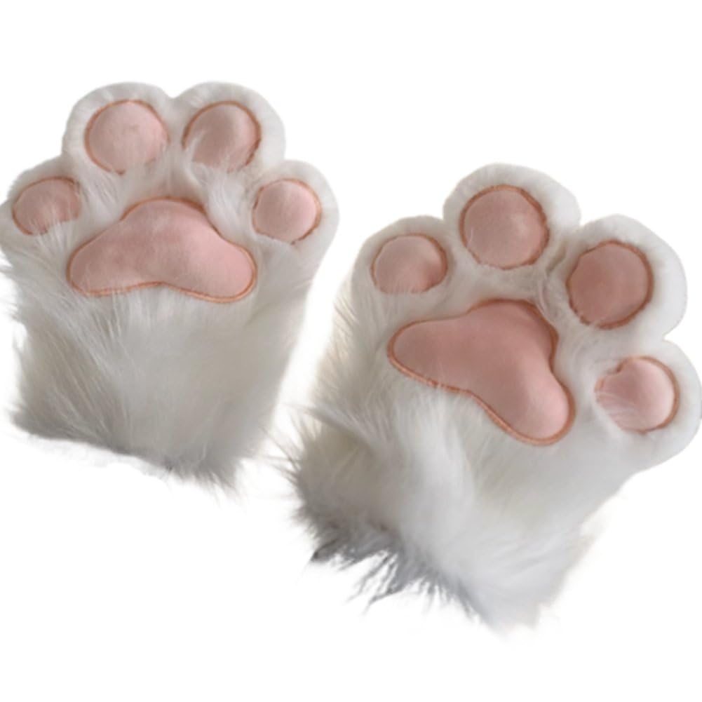 Uzztfa White Plush Furry Cat Claw Gloves Cat Paws Mittens For Halloween Cosplay Costume Accessories Party Animal Cosplay Accessories For Adults
