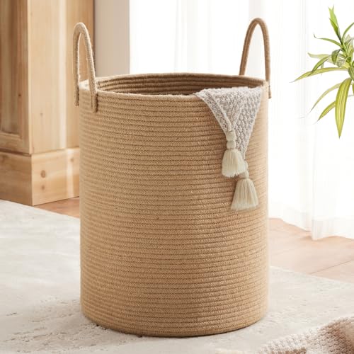 Image of Jute Rope Woven Laundry Basket by TECHMILLY, 58L Baby Nursery Hamper for Clothes Blanket Storage, Large Tall Laundry Hamper for College Dorm, Bedroom, Living Room, Brown