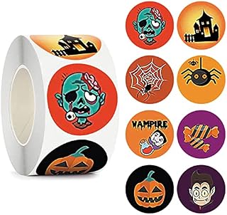 500 Pcs Halloween Stickers Roll, 1 Roll Cartoon Halloween Sealing Stickers Round Sticker Self-Adhesive Label Stickers with 8 Halloween Patterns for Halloween Party Cards Envelop Candy Bags Decor