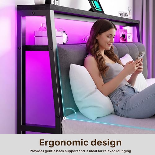 Image of Homkdom Queen Bed Frame with Upholstered Headboard & LED Light