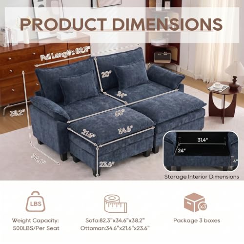 Image of IPKIG 82.3 inch Modular Cloud Couch with Storage, U Shaped Sectional Sofa with Ottoman & Pillow, Chenille Deep Seat Sectional Couches for Living Room, Apartment, Blue