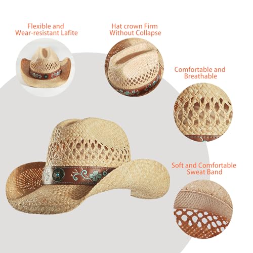 Image of Straw Cowboy Cowgirl Hats for Women Men Summer Beach Sun Hat Panama Woven Straw Hat Wide Brim Western Cowboy Hat, Medium, Natural - Embroidered Belt
