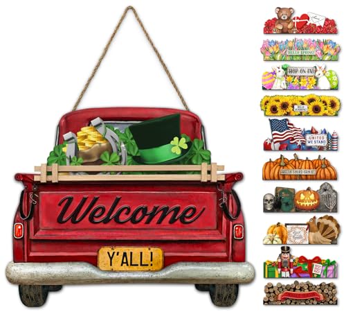 Interchangeable Welcome Sign for Front Door Red Farmhouse Truck Decor