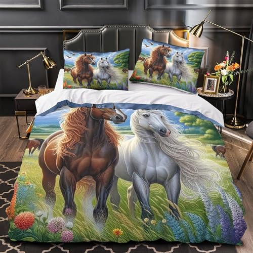 Housse de couette cheval 3D anti-plis en microfibre douce avec zips et taies - 3
