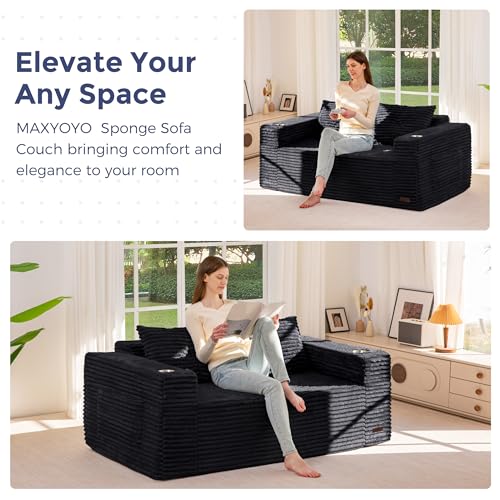 Image of MAXYOYO 63 inch Boneless Loveseat Sofa Couch for Small Spaces, Mini Love Seat Floor Couch with Cup Holders and Pillows, 2-Seater Upholstered Cloud Couch for Bedroom Apartment, No Assembly Required