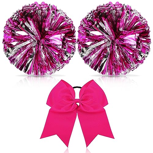 Hanaive 3 Pcs Cheerleading Pom Poms and Large Cheerleader Hair Bow Metallic Cheer supplies for Team Spirit Sports Dance Cheering(Rose Red Silver Pom Classic Style)