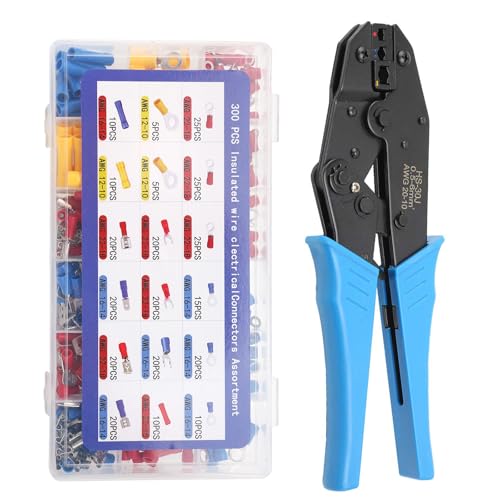 Juego De Pinzas para Engarzar Cables 0.5-6 mm², Set Alicates Terminales Electricos, Crimpadora Terminales Electricos, Alicates De Terminales con 18 Tipos 300pcs Conectores De Crimpado Aislados