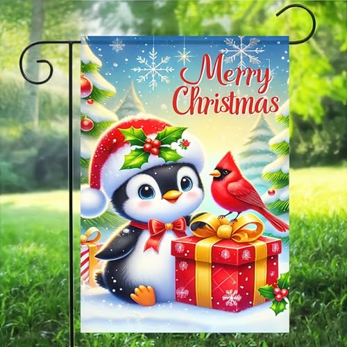 Image of BlissYard Christmas Garden Flag 12x18 Inch Penguins Yard Decor | Double sided polyester, penguins with scarves design, playful animal decor for Christmas porch and yard