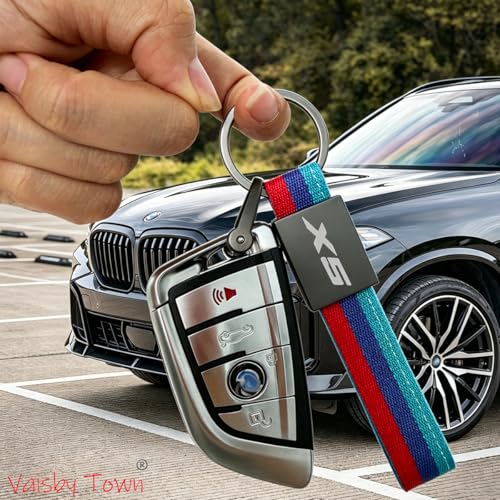 Image of Automotive Keychain compatible with BMW X5 Key Fob | Zinc Alloy Circle & D-Ring,Tricolour Nylon Strap with inchX5 inch Engraved Buckle Clip,Sporty Luxury style