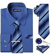 Barry.Wang Solid Colors Mens Dress Shirt and Tie Set Formal Business Wedding Shirts Long Sleeve B...