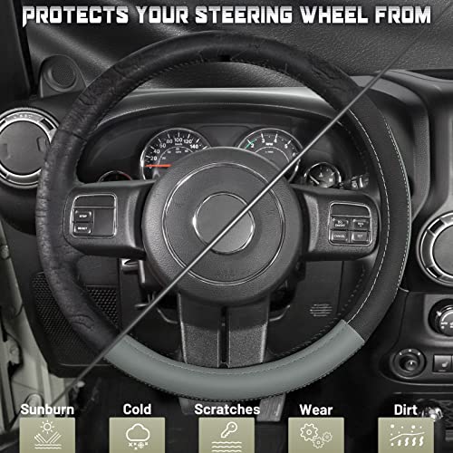 SEG Direct Car Steering Wheel Cover for F-150 Tundra Range Rover 15.5-16 inch, Black and Gray Microfiber Leather - Thumbnail 3