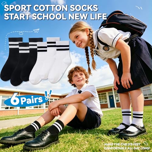 Image of Eyean Kids Athletic Crew Socks Boys Girls Cotton School Uniform Casual Basic Socks 6 Pairs