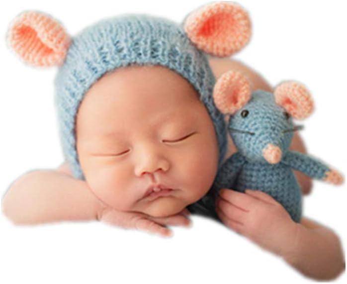 Newborn Photography Props Outfits Boys Girls Knit Baby Photo Props Mouse Hat and Animal Photo Shoot Props Set