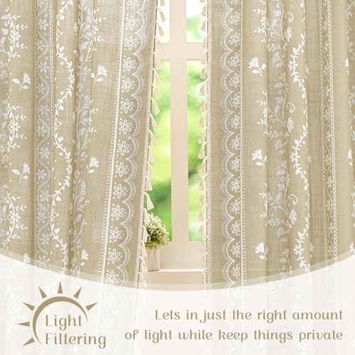 Image of Yinhua Boho Curtains for Living Room 84 Inch Length Vintage Linen Natural Curtains for Bedroom Light Filtering Floral Window Curtain Rod Pocket & Back Tabs Farmhouse Rustic Tassel Drapes with Tiebacks