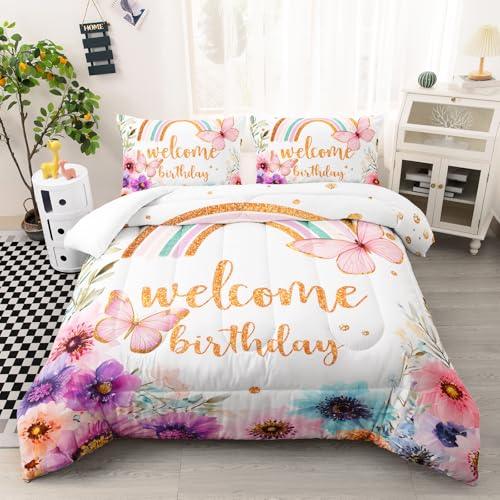 Image of AILONEN Queen Welcome Birthday Comforter Set, 3 Piece Rainbow Floral Butterfly Bedding, Gold Script Party Decor, Lightweight Microfiber Luxury Guest Master Bedroom