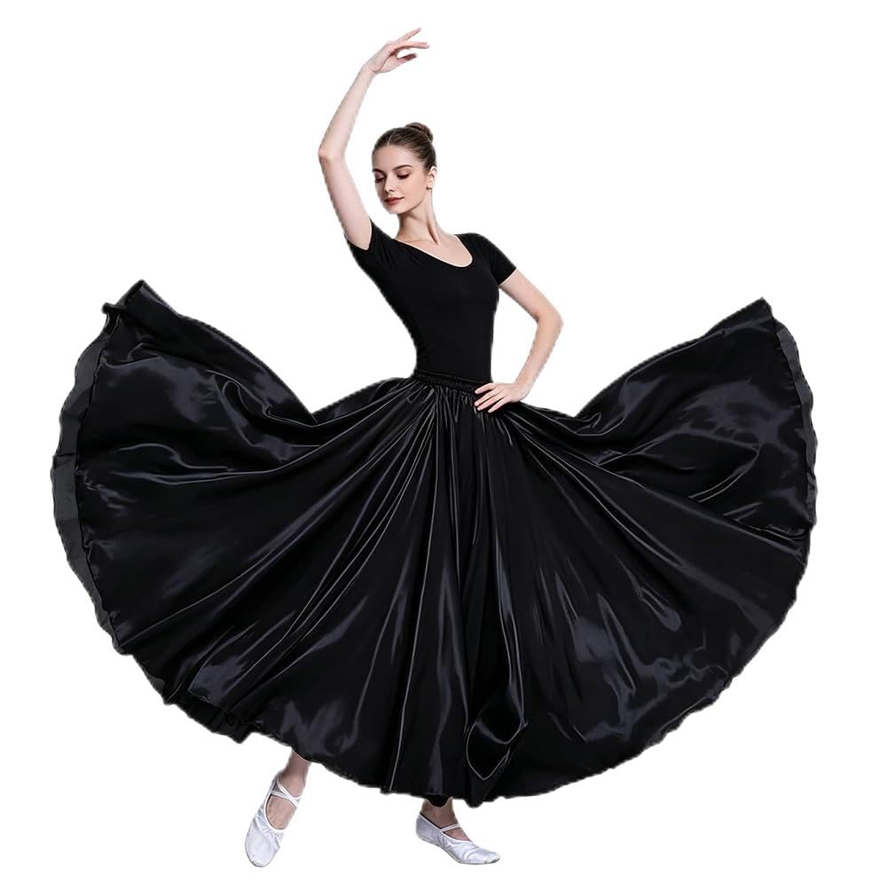 Leemiman Women's Black Leemimen 360 Degree Shining Satin Belly Dance Skirt Long Skirts Dancer Practice Wear (Black)