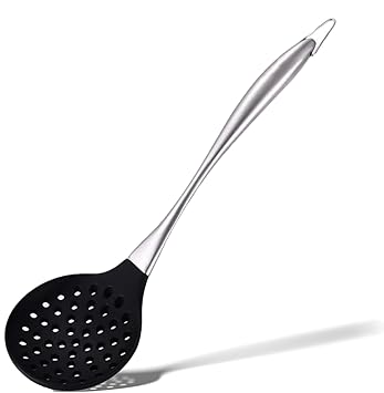 Silicone Wok Skimmer Baking and Mixing Spatula Premium Slotted Spoon Scoop Strainer Colander BPA Free with Stainless Steel Handle for Non Stick Cookware