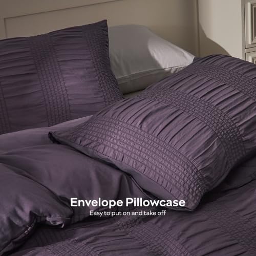 Image of JELLYMONI Seersucker Duvet Cover Set Full, 3pcs Purple-Wide Polyester | In Guest Room & Studio, Single Upgrades Pick, Crinkled Texture, Oeko-Tex Certified, 8 Corner Ties & Hidden Zipper