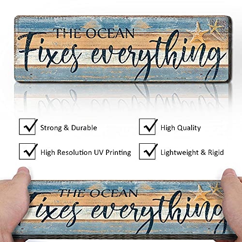Coastal Decor Wood Plaque Sign Beach Themed Wall Decor - The Ocean Fixes Everything Decorative Nautical Hanging Wall Decor Sign 16x5 Inches