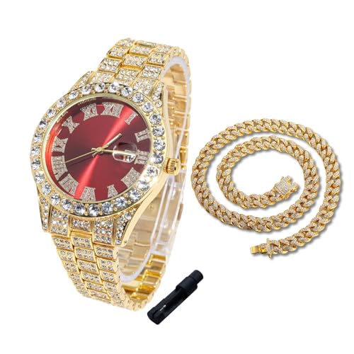Halukakah Diamonds Watch Iced Out for Boy Teens Kids - 18K Real Gold Plated,42mm Red Dial,Japanese Quartz - 8