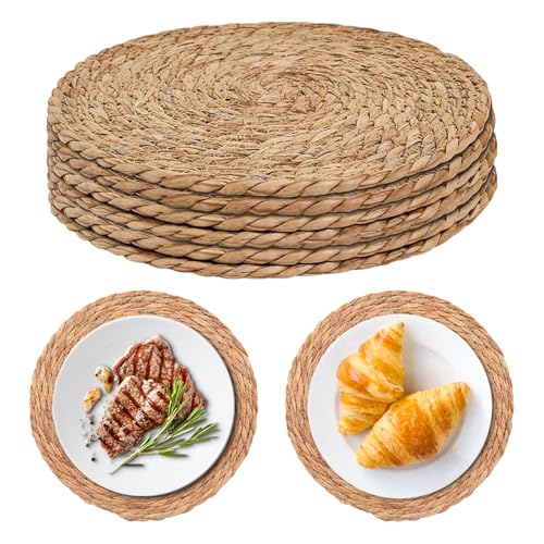 Hojalis Lot de 6 napperons ronds tissés en jacinthe d'eau naturelle style bohème - 30 cm - Sets...
