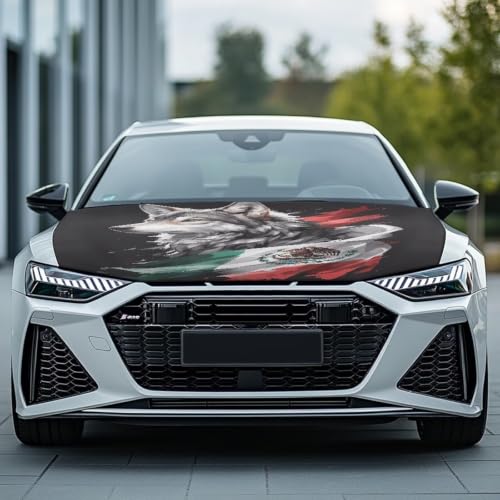 Image of Wolf Mexican Flag Car Hood Cover Protector Stretchable Car Hood Wrap Blankets Mexican Independence Day Decorations Automotive Exterior Accessories for Compact SUV Sedans Trucks Pickup