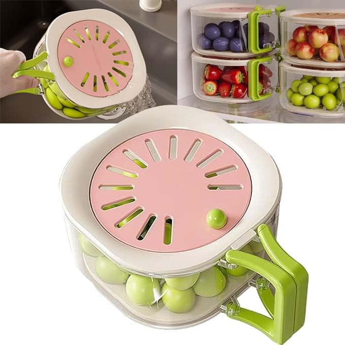 Multipurpose Drain Basket with Lid, 2-in-1 Fruit Washing Bowl with Strainer, Collapsible Handle Drain Basket for Fruit, Fruit Cleaner Bowl, Berry Containers for Fridge(Pink-1pc)