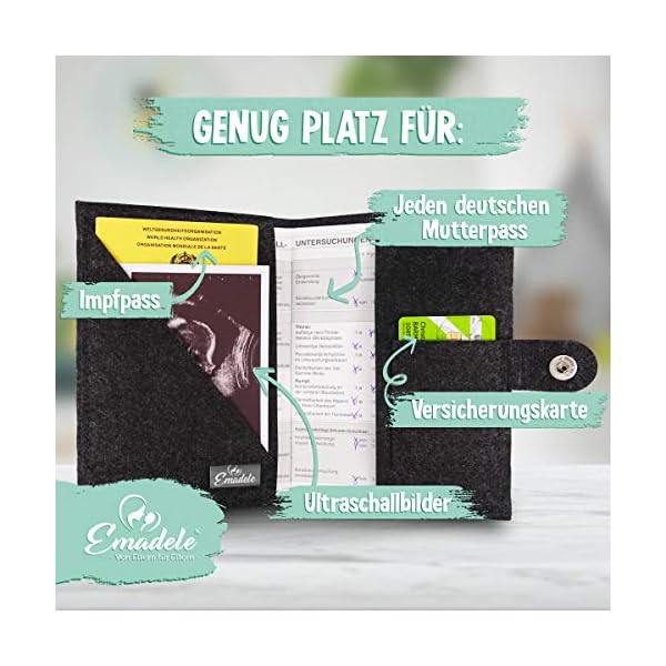 Emadele Mutterpasshülle 'Aus dem Bauch mitten ins Herz' aus Filz Handmade Anthrazit. Mutterpass Schutzhülle Organizer… – Bild 3