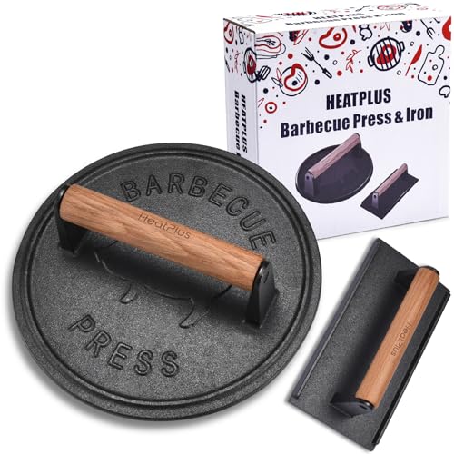 Burger Press,8.5 Inch Smash Bacon Press Heavy-Duty Cast Iron Burger Smasher 3lbs & 8.2 Inch Rectangle Grill Press 2lbs for Hambergur,Panini,Steak & Sandwiches,Food-Grade Press with Wood Handle