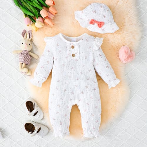 Baby Girls One Piece Romper Jumpsuit Ribbed Knit Floral Print Long Sleeve Newborn Spring Outfits Clothes Set2
