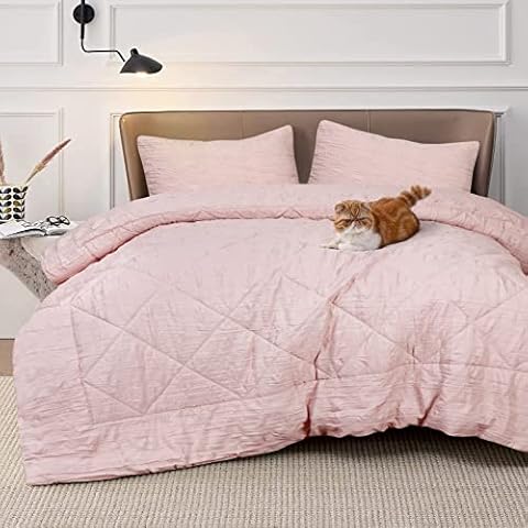 EnvioHome King Size Comforter Set - Soft Crinkled Comforter Set for All Season, 3 Pieces Bedding Set with 1 Comforter and 2 Pillow Shams – Pink Cover