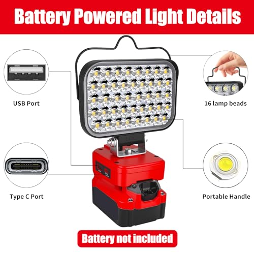 Image of Portable LED Work Light Compatible with Craftsman 20V Battery, 90W 7000LM Cordless Flood Lights with USB & Type-C, Low Voltage Protection, for Job Site Lighting,Camping Outdoor (No Battery)