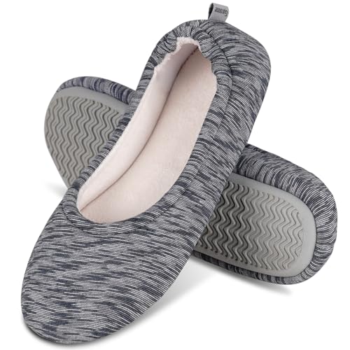 Garonne Women's Ballerina Slippers with Memory Foam and Rubber Sole, Ladies' Non-Slip House Shoes for Bedroom Indoor(7-8,Dark Grey)