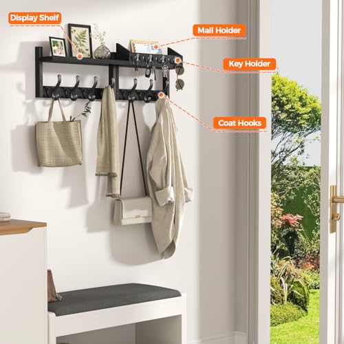 Image of Evermagin 29 inch Coat Rack Wall Mount with Shelf, 4 in 1 Coat and Key Hanger with 11 Metal Hooks, Entryway Wall Mounted Shelf with Mail Holder for Living Room, Bedroom, Black