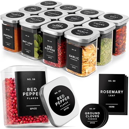 EDELHAUS Glass Spice Jars with Labels and Steel Lids (12 x 6.4oz) Spice Containers with 160 Label...
