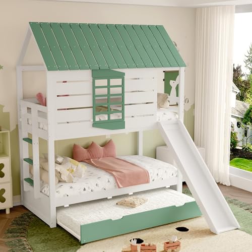 Huayz Cama infantil de 90 x 200 cm con tobogán, litera con cama nido, cama de casa con ventana y techo, cama de madera con somier para 2 niños, sin colchón, blanco y verde