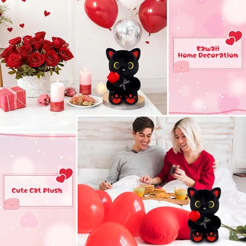 Image of Black Cat Plush with Rose- 8 inch Kawaii Stuffed Cat Gifts for Women Cute Stuffed Animal for Kids & Adults, Mother Day Mom Birthday Wedding