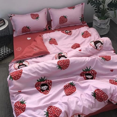 Image of Famyo King Size Bedsheet Set with 2 Pillow Covers, 250 TC Fitted Kids Bedsheet, Comforter & Comforter Cover (5pc Set) -Home Decor, 72x78 inches, Pink Strawberry Design